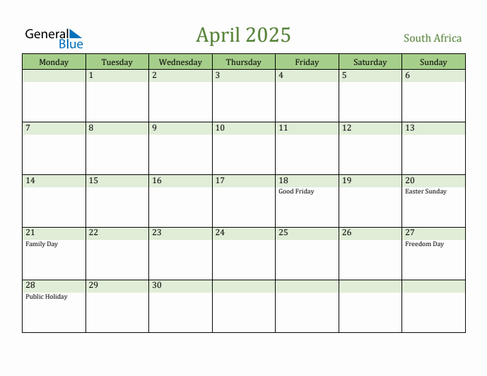 April 2025 Calendar with South Africa Holidays