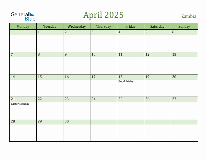 April 2025 Calendar with Zambia Holidays