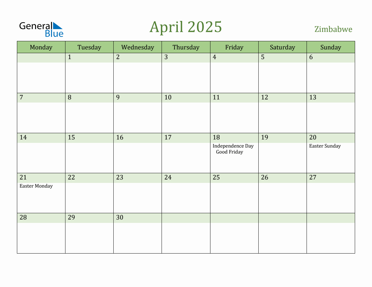 Fillable Holiday Calendar for Zimbabwe April 2025