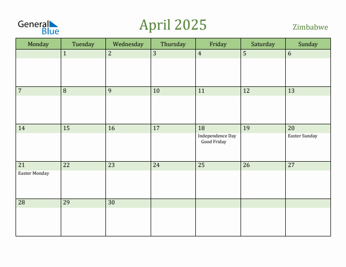 April 2025 Calendar with Zimbabwe Holidays