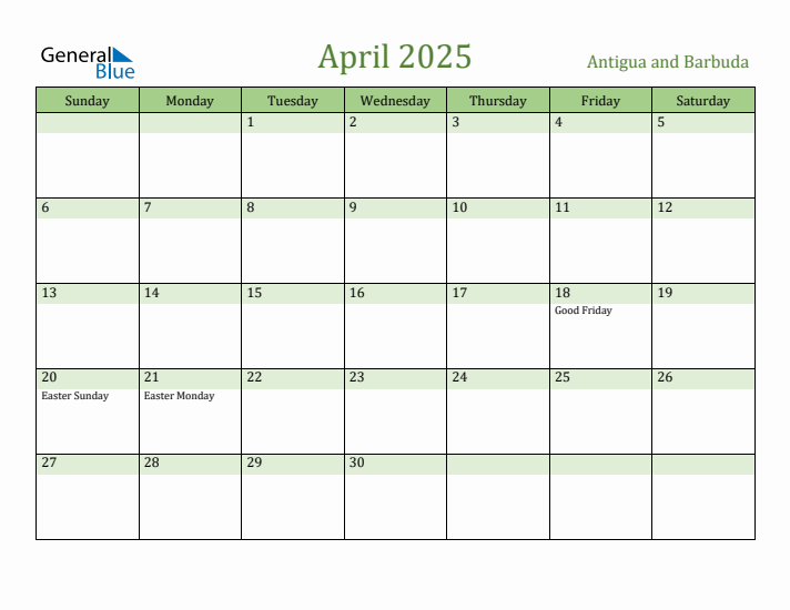 April 2025 Calendar with Antigua and Barbuda Holidays