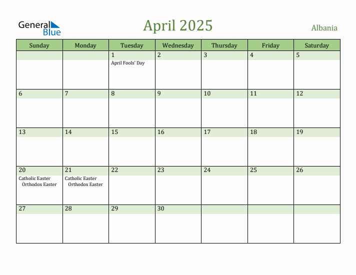 April 2025 Calendar with Albania Holidays