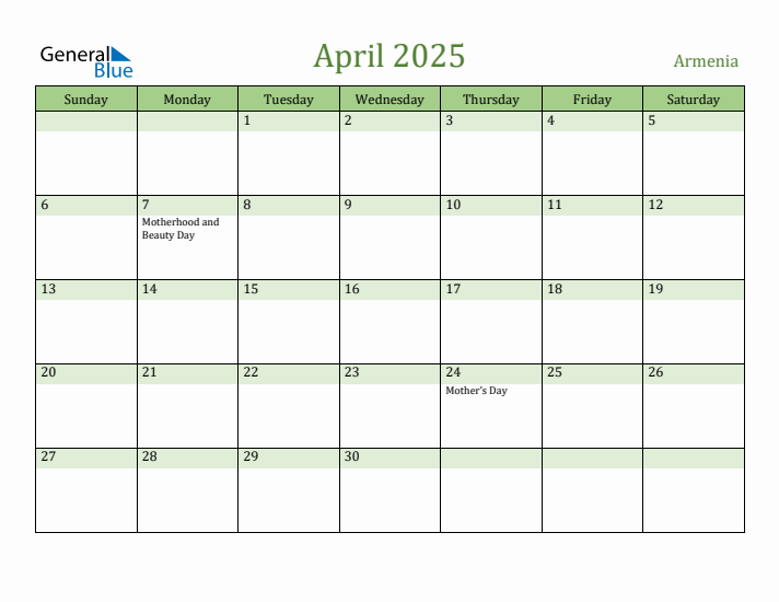 April 2025 Calendar with Armenia Holidays