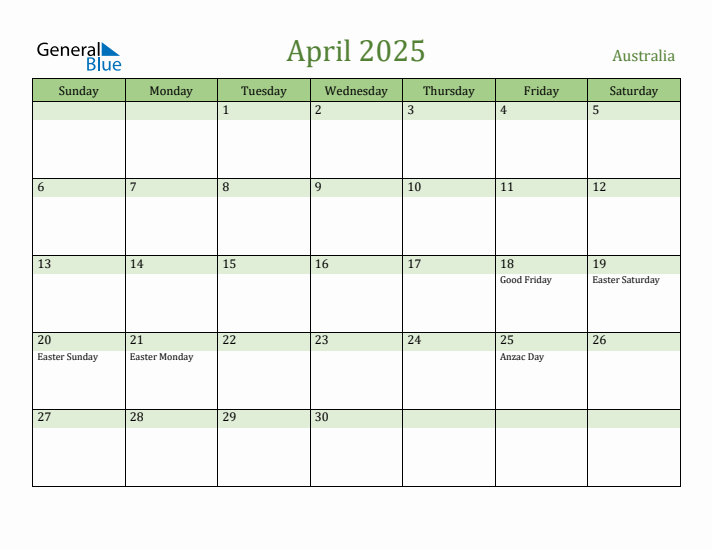 April 2025 Calendar with Australia Holidays