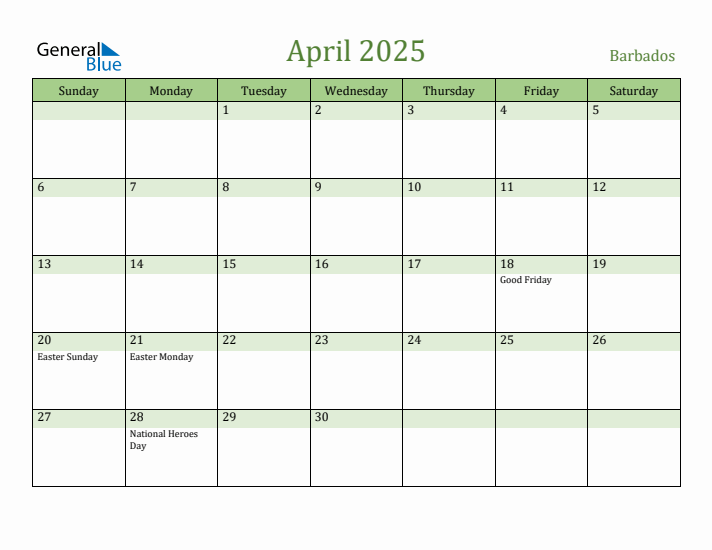 April 2025 Calendar with Barbados Holidays