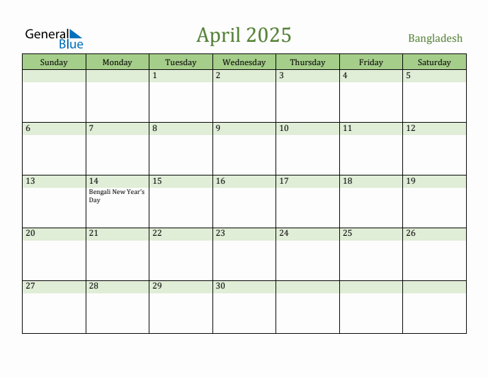 April 2025 Calendar with Bangladesh Holidays
