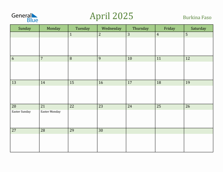 April 2025 Calendar with Burkina Faso Holidays