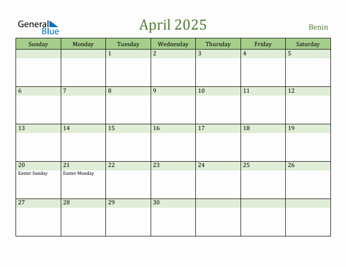 April 2025 Calendar with Benin Holidays