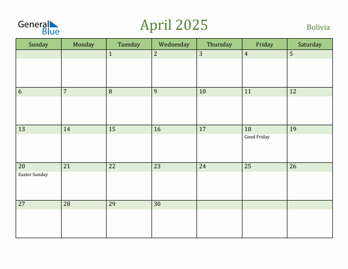 April 2025 Calendar with Bolivia Holidays