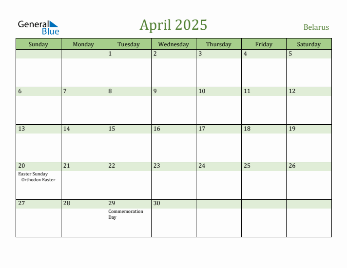 April 2025 Calendar with Belarus Holidays