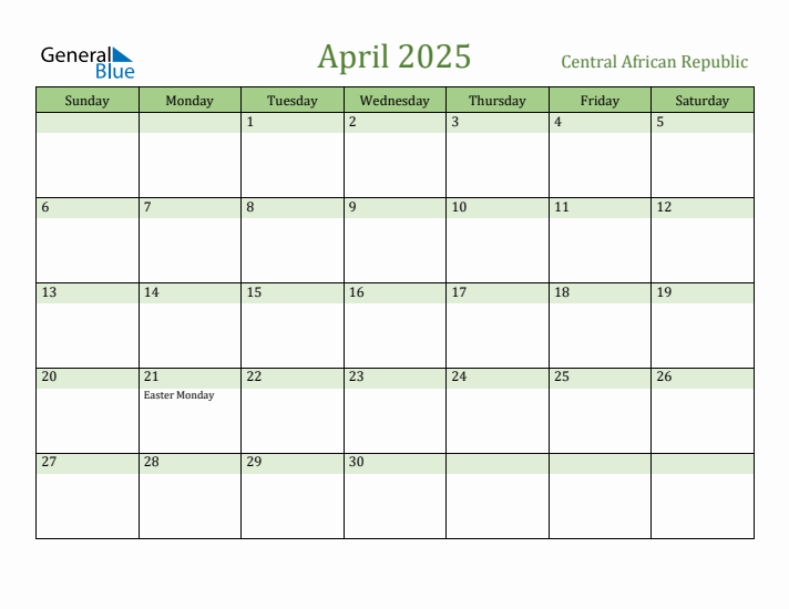 April 2025 Calendar with Central African Republic Holidays