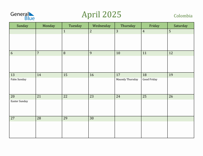 April 2025 Calendar with Colombia Holidays