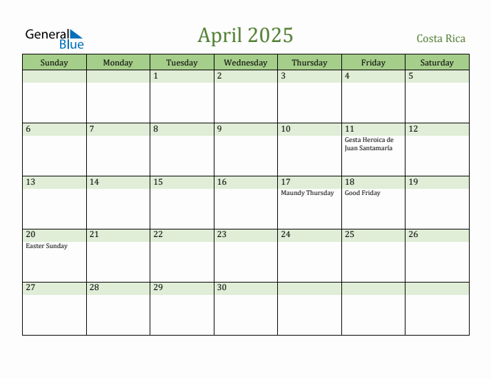 April 2025 Calendar with Costa Rica Holidays