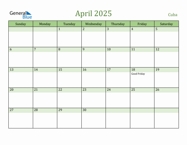 April 2025 Calendar with Cuba Holidays