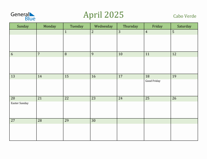April 2025 Calendar with Cabo Verde Holidays