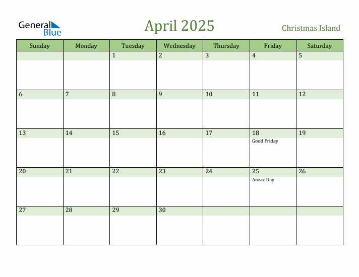 April 2025 Calendar with Christmas Island Holidays