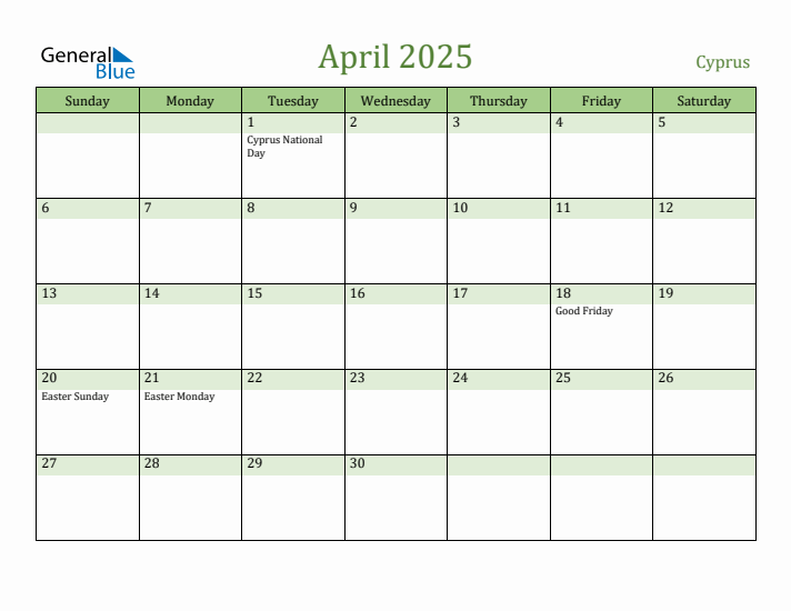 April 2025 Calendar with Cyprus Holidays