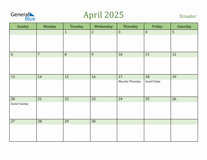April 2025 Calendar with Ecuador Holidays