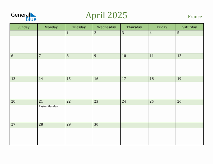 April 2025 Calendar with France Holidays