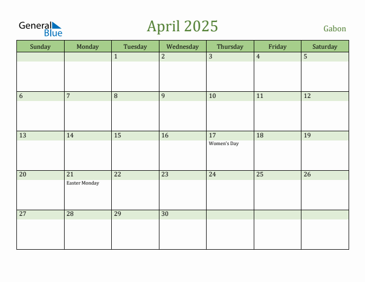 April 2025 Calendar with Gabon Holidays