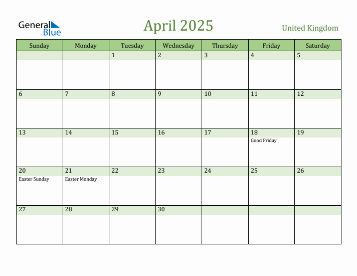 April 2025 Calendar with United Kingdom Holidays