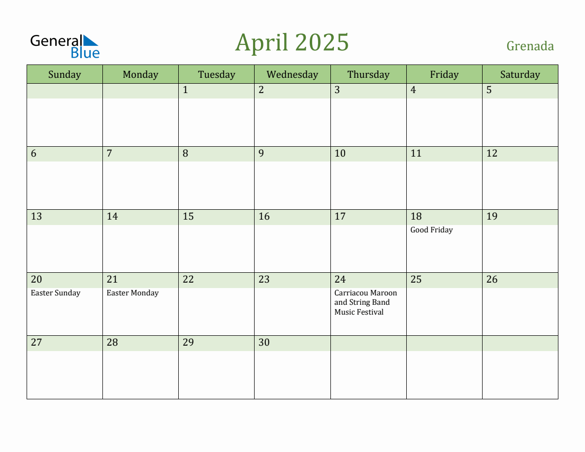 Fillable Holiday Calendar for Grenada April 2025