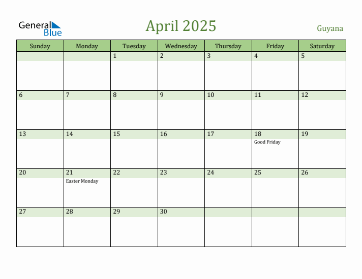 April 2025 Calendar with Guyana Holidays