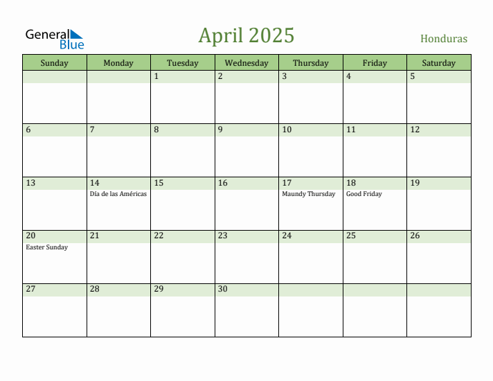 April 2025 Calendar with Honduras Holidays