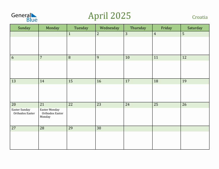 April 2025 Calendar with Croatia Holidays