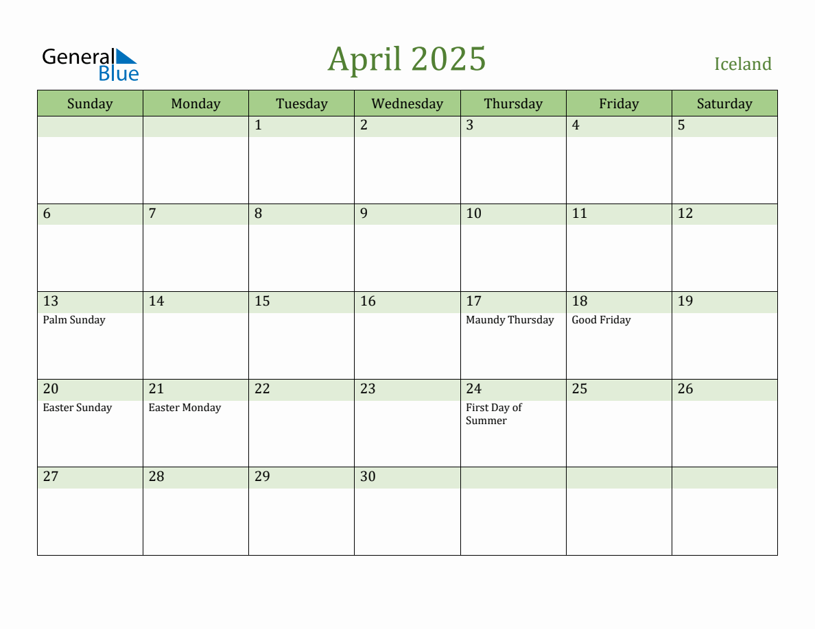 Fillable Holiday Calendar for Iceland April 2025