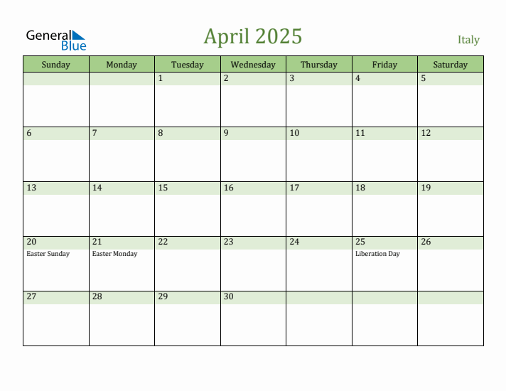 April 2025 Calendar with Italy Holidays