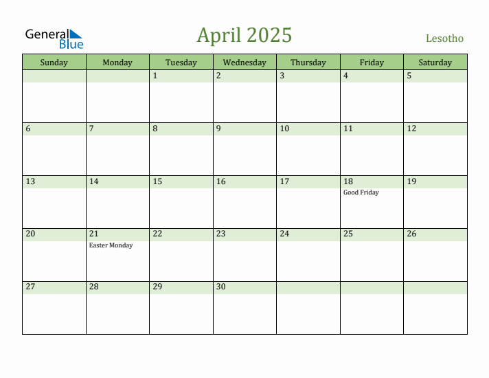 April 2025 Calendar with Lesotho Holidays