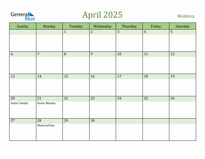 April 2025 Calendar with Moldova Holidays