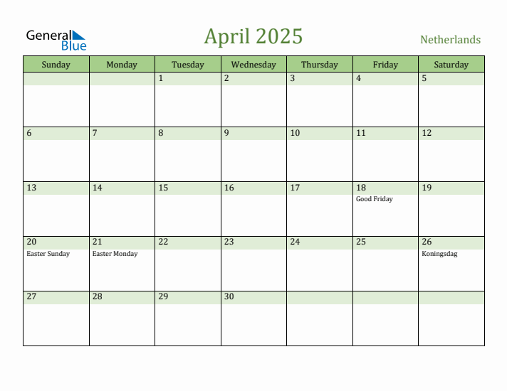 April 2025 Calendar with The Netherlands Holidays