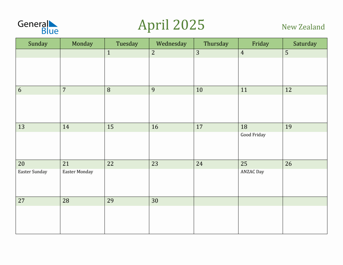 Fillable Holiday Calendar for New Zealand April 2025