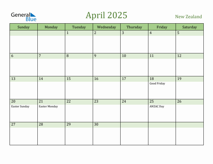 April 2025 Calendar with New Zealand Holidays