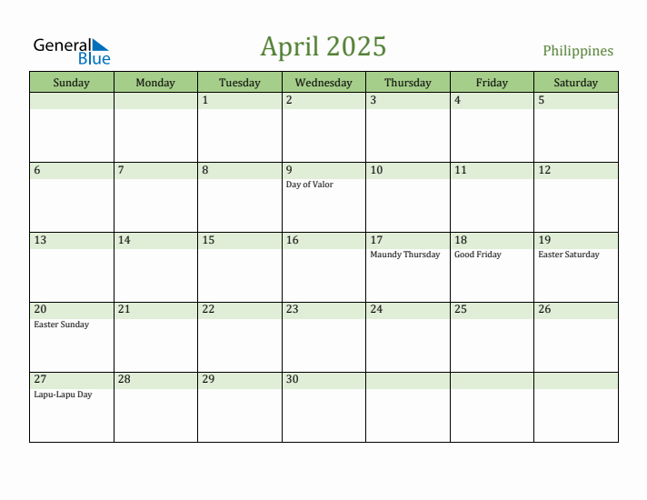 April 2025 Calendar with Philippines Holidays