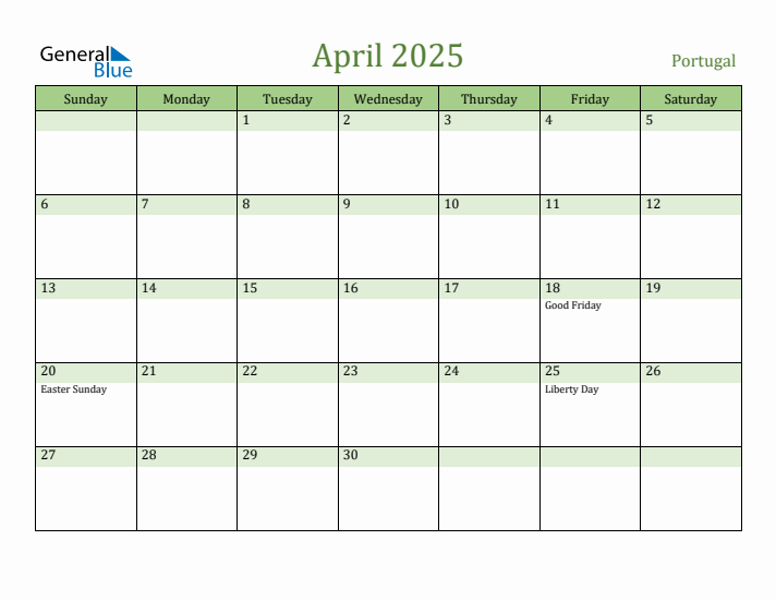 April 2025 Calendar with Portugal Holidays