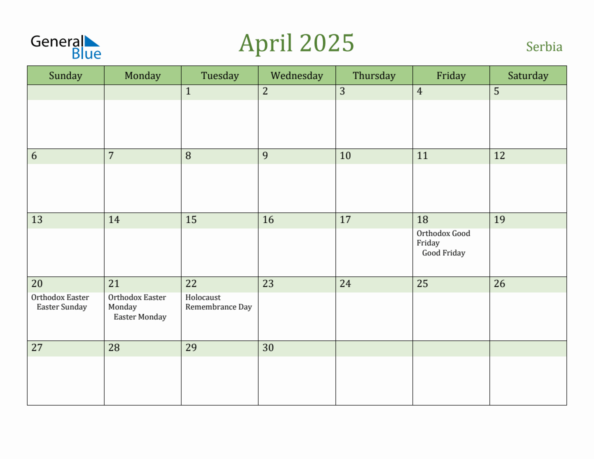 Fillable Holiday Calendar for Serbia April 2025