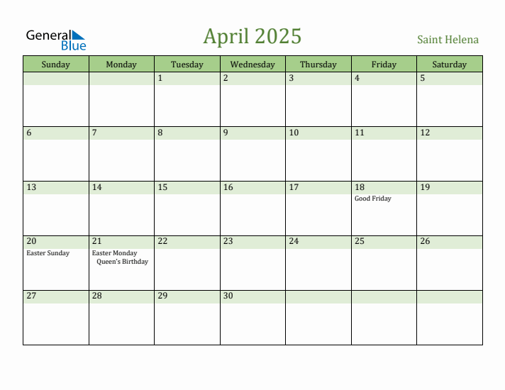 April 2025 Calendar with Saint Helena Holidays