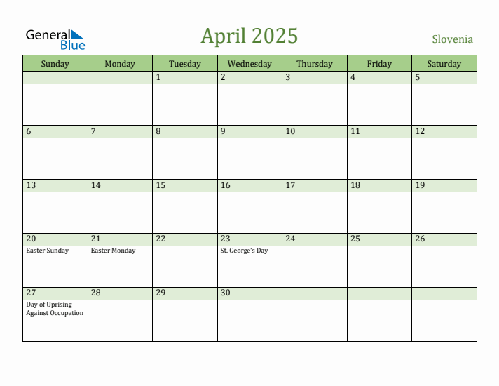 April 2025 Calendar with Slovenia Holidays