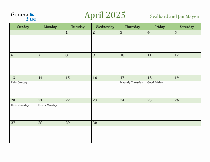 April 2025 Calendar with Svalbard and Jan Mayen Holidays