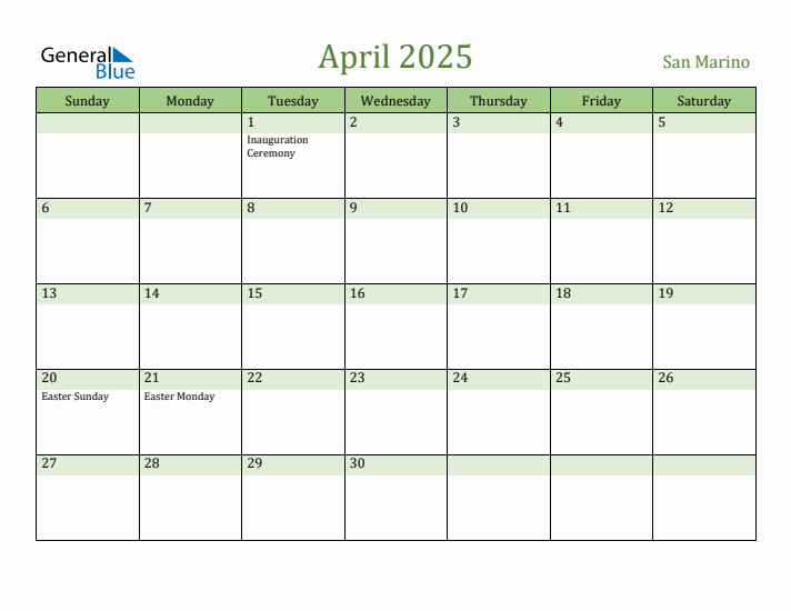 April 2025 Calendar with San Marino Holidays