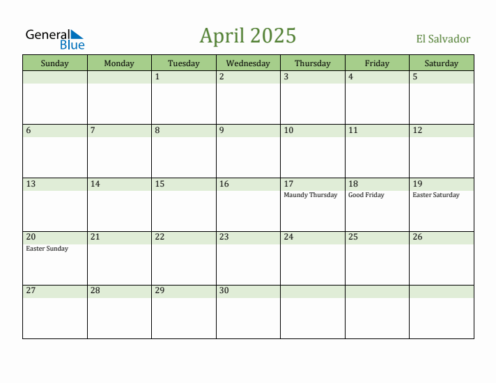 April 2025 Calendar with El Salvador Holidays