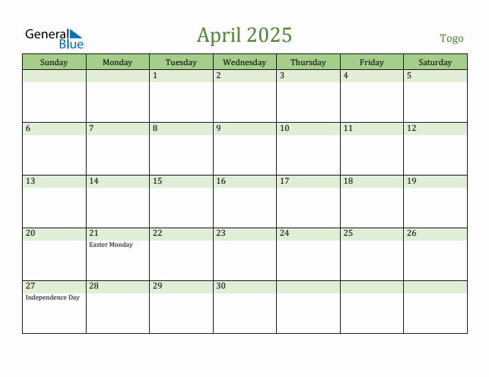 April 2025 Calendar with Togo Holidays