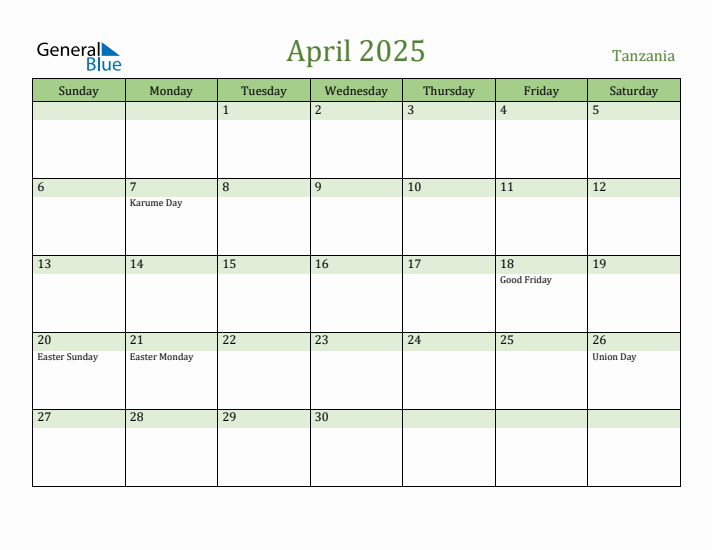 April 2025 Calendar with Tanzania Holidays