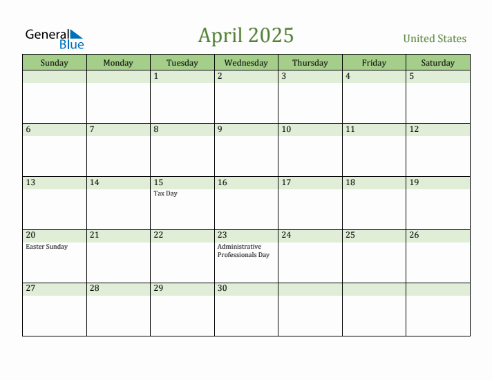 April 2025 Monthly Calendar with United States Holidays