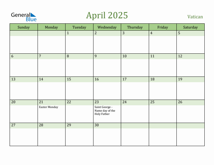 April 2025 Calendar with Vatican Holidays
