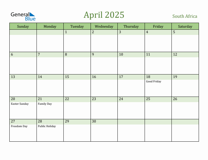 Fillable Holiday Calendar for South Africa April 2025