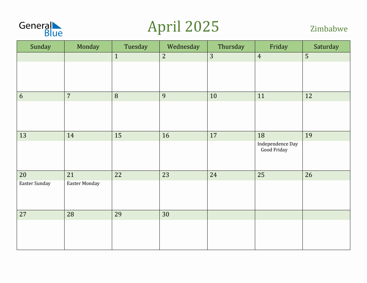 Fillable Holiday Calendar for Zimbabwe April 2025